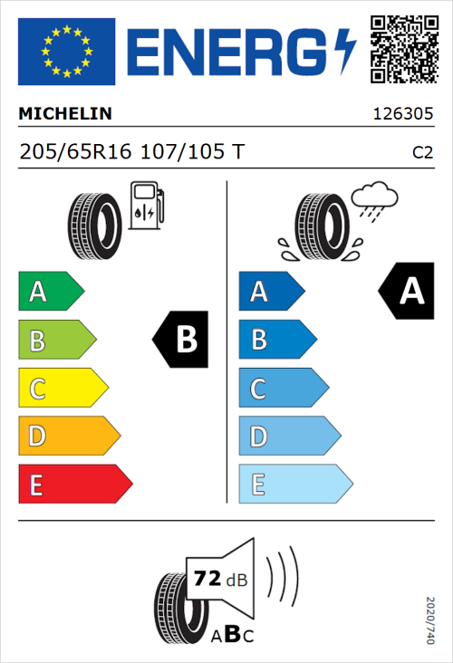 Tyre Label for Michelin Agilis 3 205/65R16 107/105T