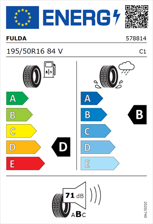 Tyre Label for Fulda EcoControl 195/50R16 84V