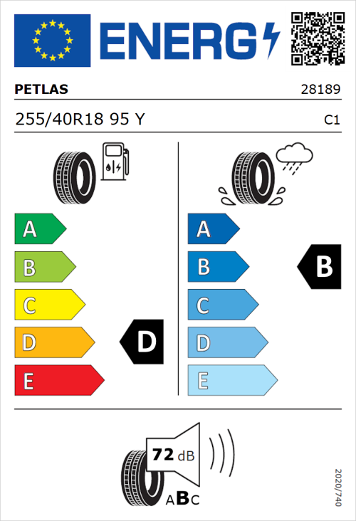 Tyre Label for Petlas Velox Sport PT741 255/40R18 95Y