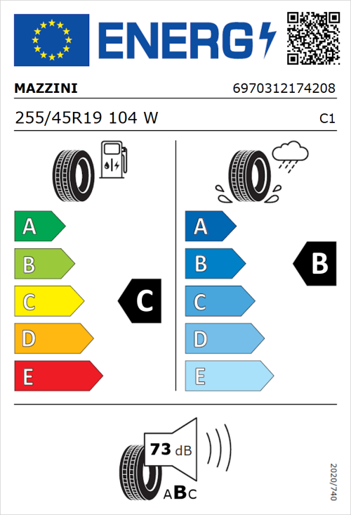 Tyre Label for Mazzini Eco 602 255/45R19 104W